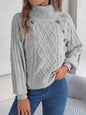 Casual Buttons Cable-knit Turtleneck Lantern Sleeve Pullover Sweater