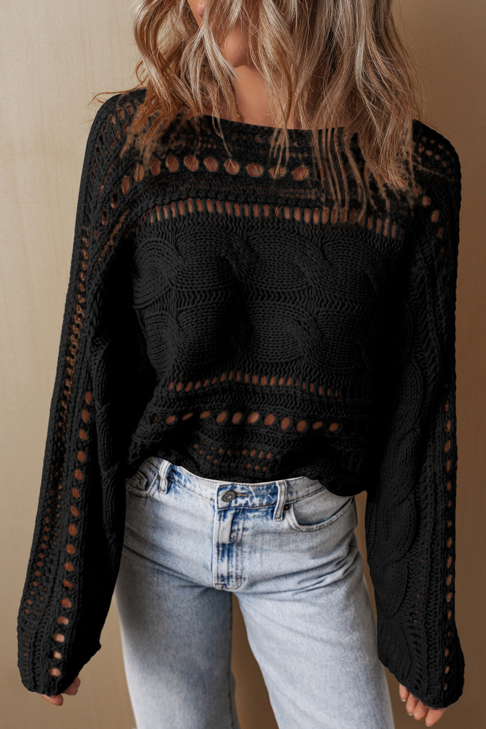 Smoke Gray Hollow-out Cable Knit Cropped Elzeon Sweater