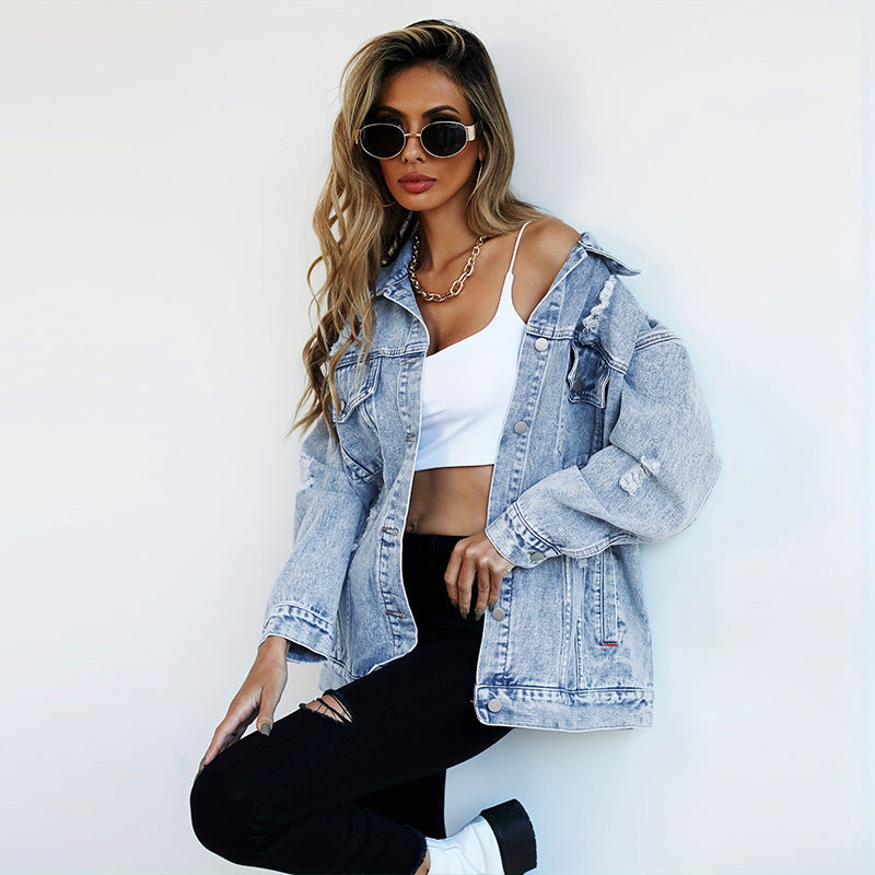 Women Fashion Denim Jacket Boyfriend-style Ripped Distressed Elzeon Denim Jacket