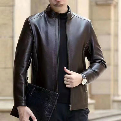 Leather Jacket For Middle-aged Men Leather Elzeon Clothing With Stand Collar Men Fleece-lined