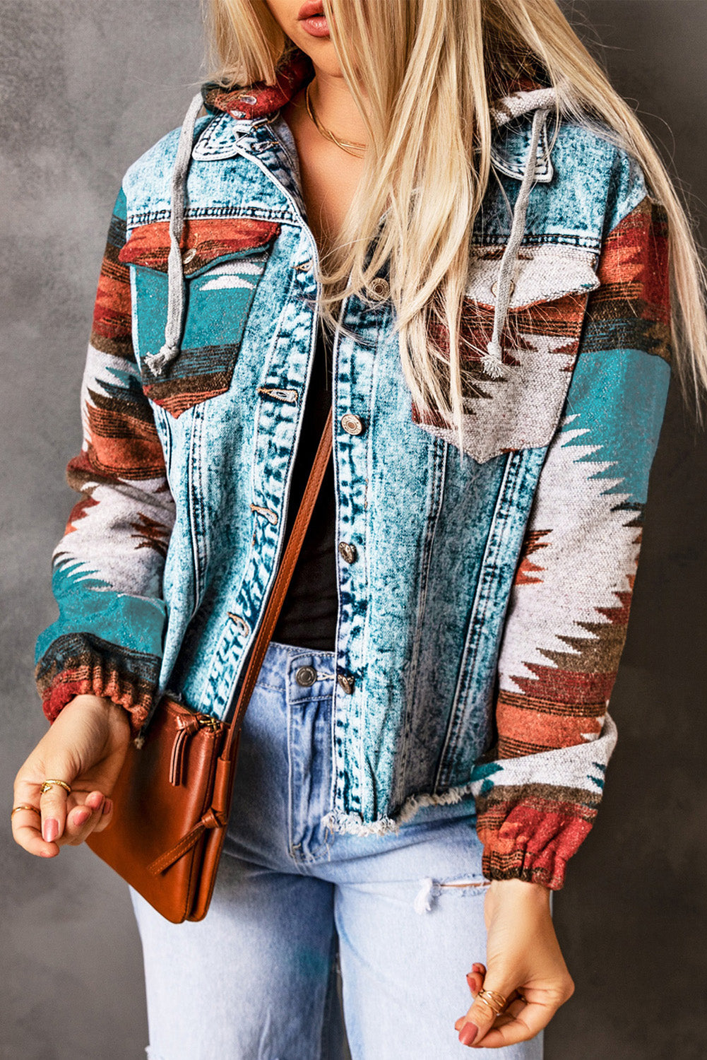 Multicolor Aztec Print Frayed Hem Elzeon Denim Jacket