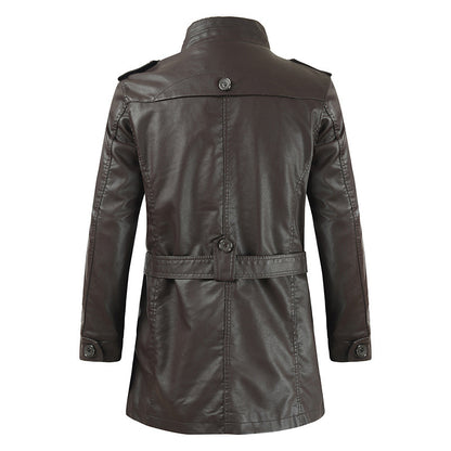 Men's Mid-length Fleece-lined Casual Stand Collar Elzeon Leather Wind Coat