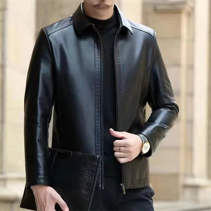 Leather Jacket For Middle-aged Men Leather Elzeon Clothing With Stand Collar Men Fleece-lined