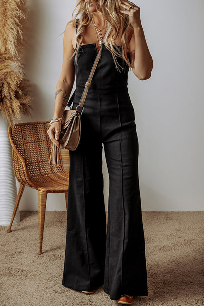 Black Seamed Zipper Spaghetti Strap High Waist Flared Elzeon Jumpsuit