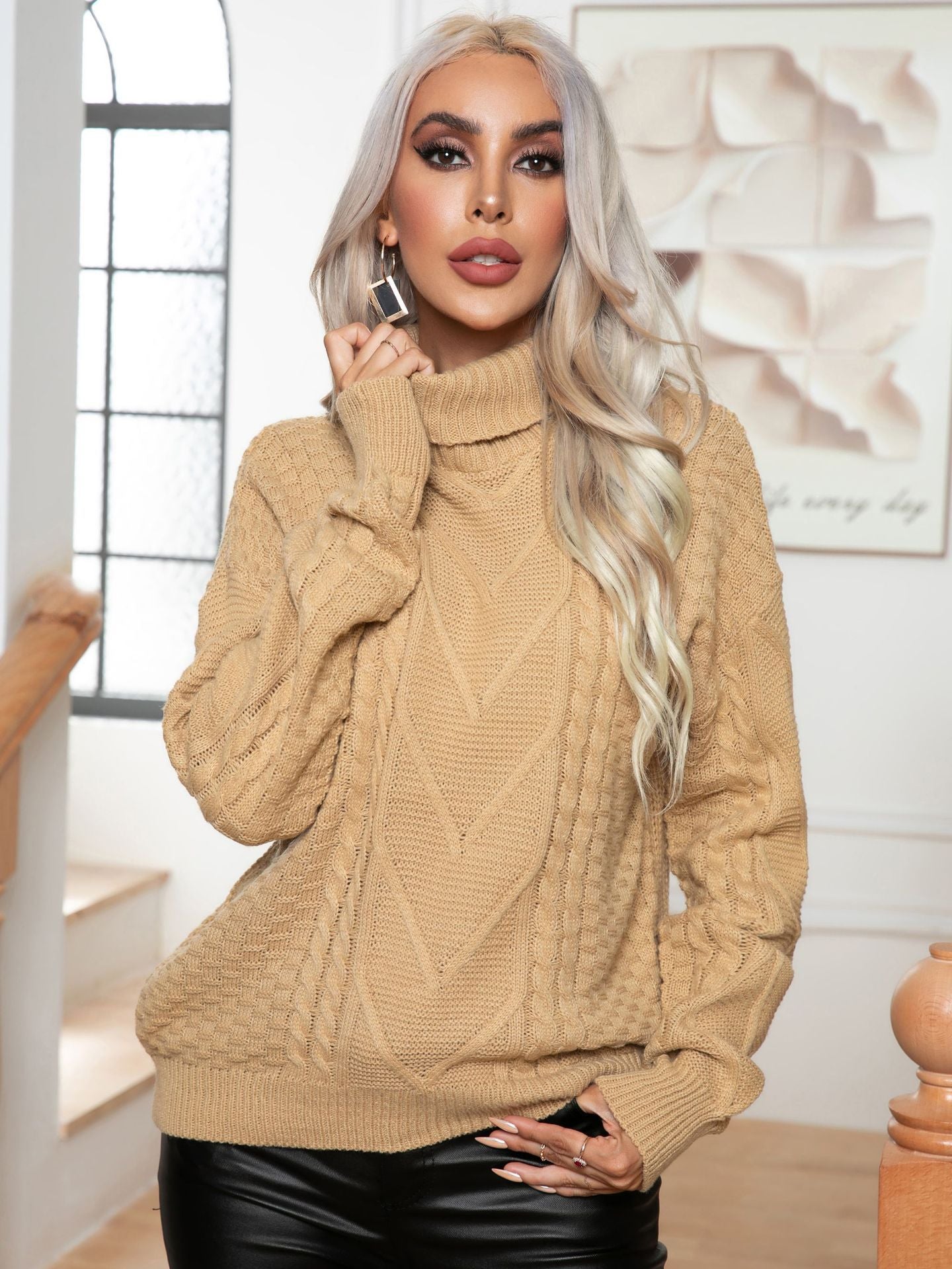 Cable-knit Turtleneck Loose-fitting Long Sleeve Sweater