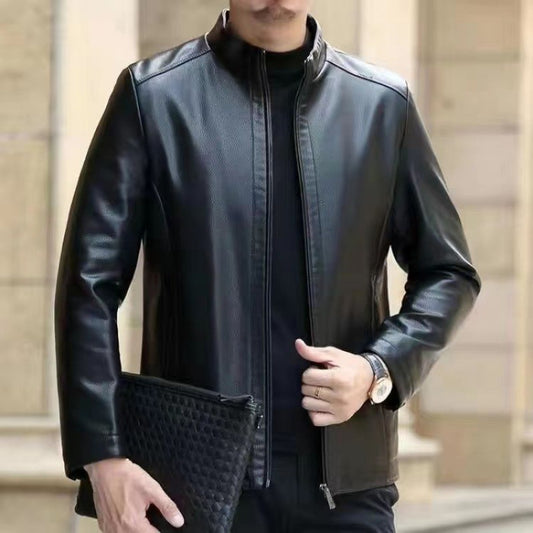 Leather Jacket For Middle-aged Men Leather Elzeon Clothing With Stand Collar Men Fleece-lined