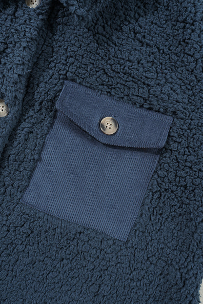 Blue Contrast Flap Pocket Single Breasted Elzeon Teddy Coat