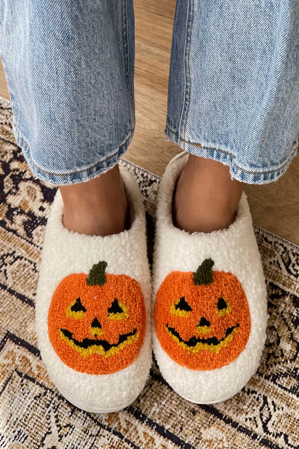 White Halloween Pumpkin Print Plush Elzeon Slippers (Runs Small, Size Up)