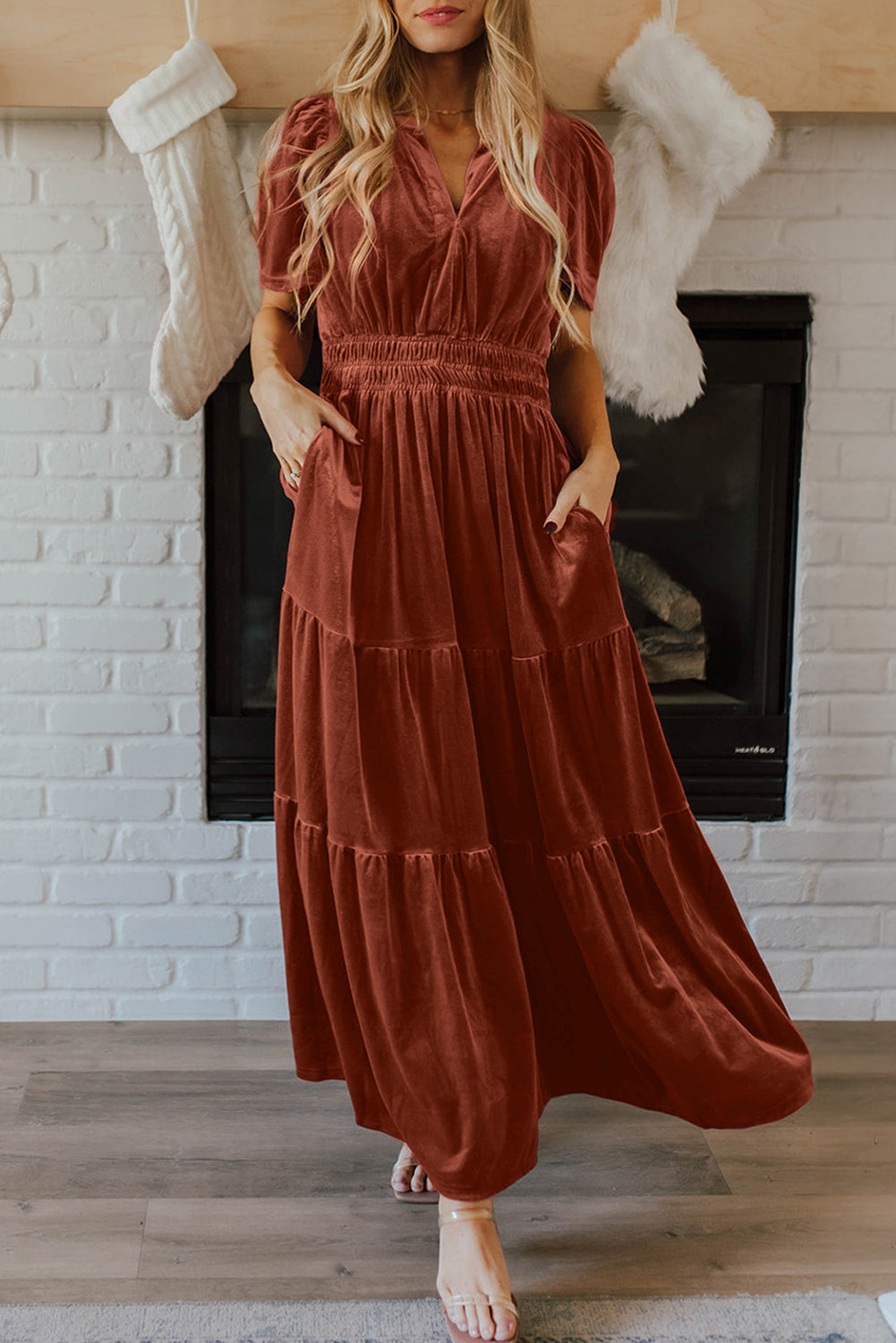 Red Dahlia Velvet Short Sleeve Shirred Waist Tiered Elzeon Maxi Dress