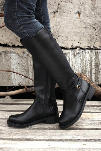 Black Side Zipper Knee High Chunky Low Heel Elzeon Boots