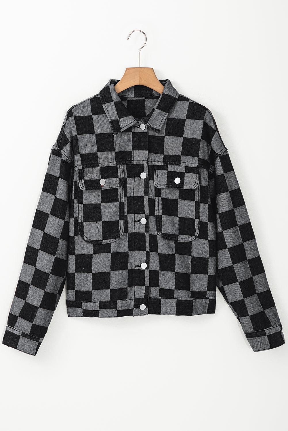 Light Blue Checkered Patchwork Button up Elzeon Denim Jacket