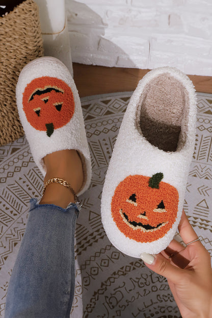 White Halloween Pumpkin Print Plush Elzeon Slippers (Runs Small, Size Up)