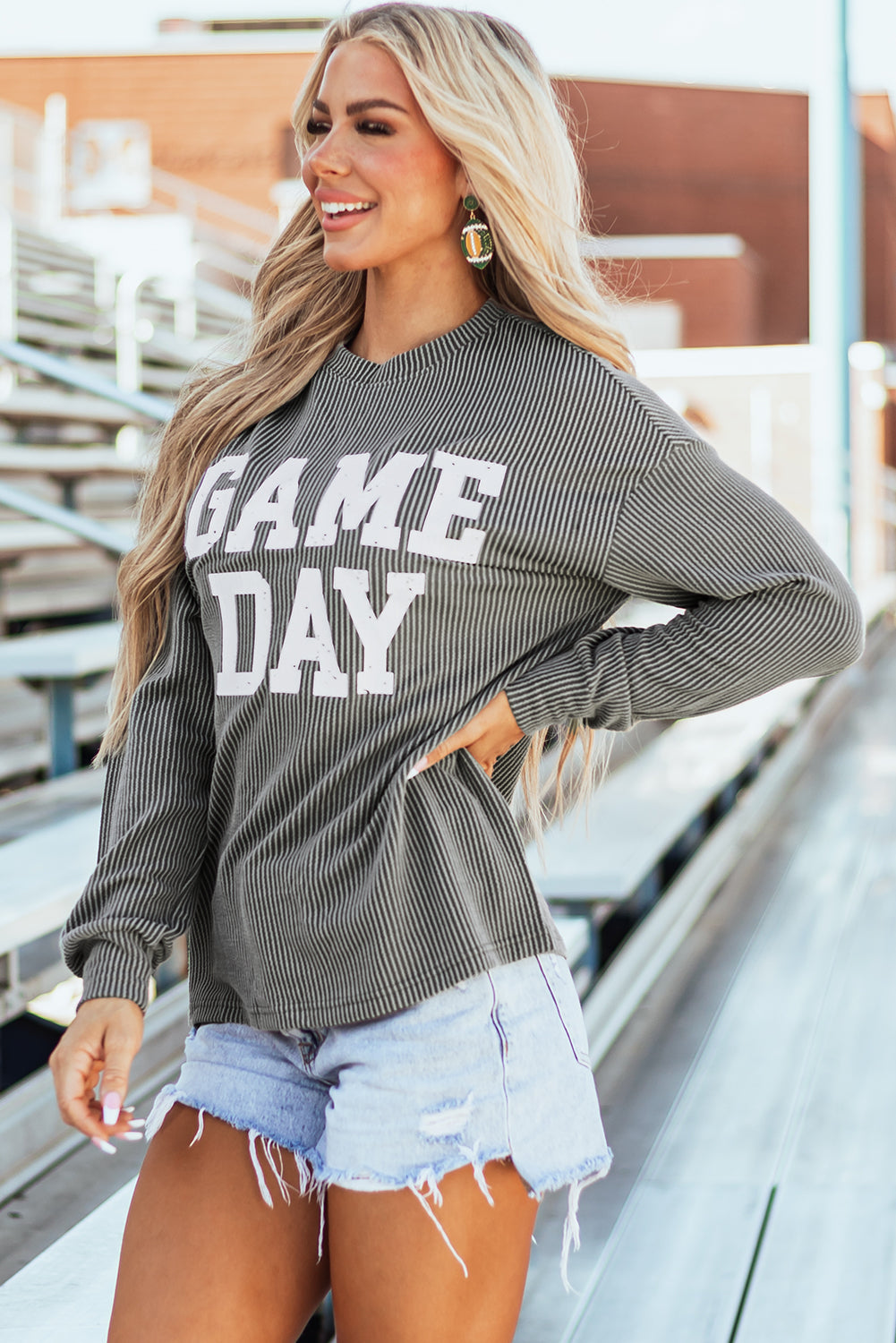 Bluing Corded GAME DAY Graphic Long Sleeve Crewneck Top