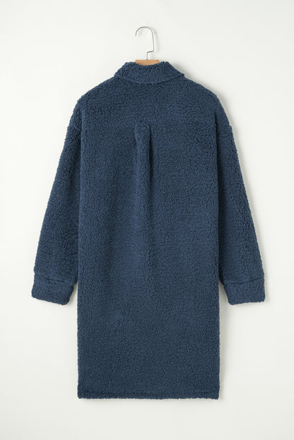 Blue Contrast Flap Pocket Single Breasted Elzeon Teddy Coat