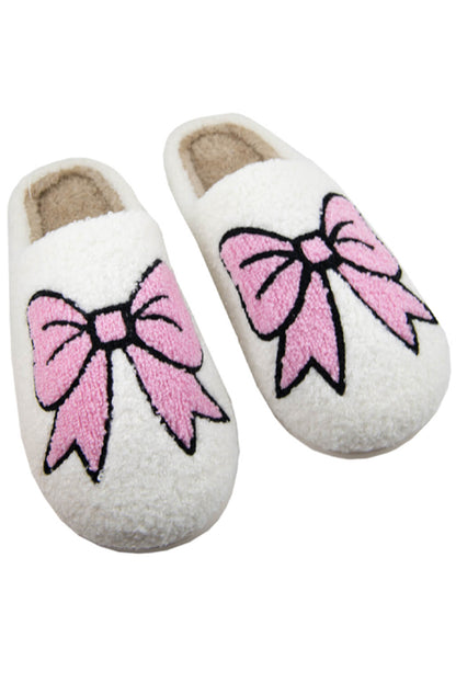 White Cute Bowknot Pattern Fuzzy Winter Home Elzeon Slippers