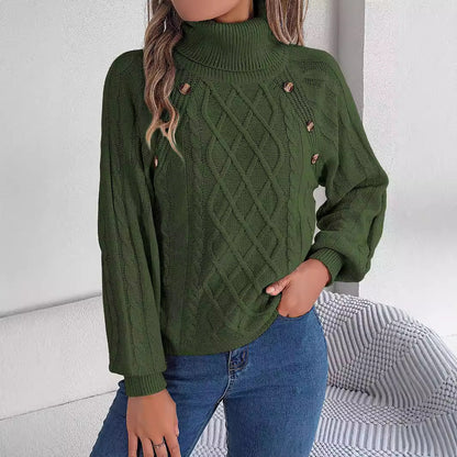 Casual Buttons Cable-knit Turtleneck Lantern Sleeve Pullover Sweater