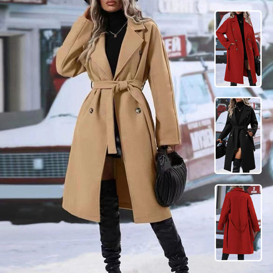 Lapel Double-breasted Aesthetic Coat With Belt Winter Fashion Solid Color Long Jacket Outwear Elzeon Women Clothing