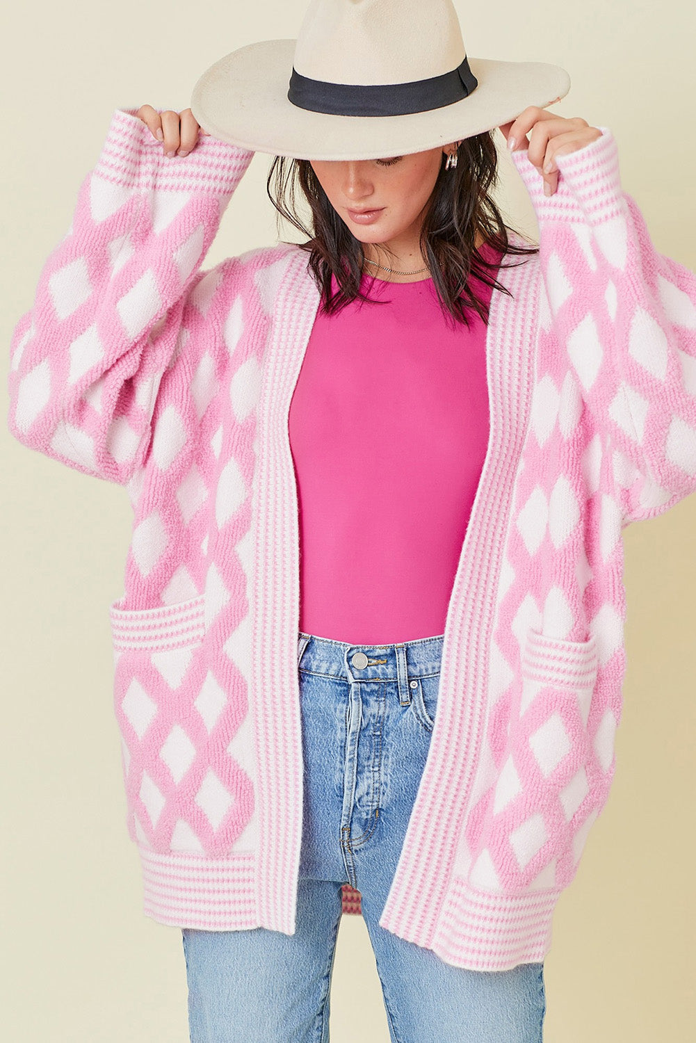 Pink Rhombus Pattern Knit Open Front Pocketed Elzeon Cardigans