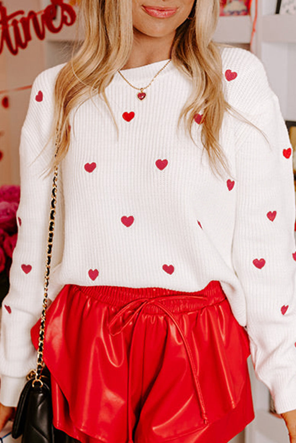 Rose Red Heart Shape Drop Shoulder Round Neck Elzeon Sweater