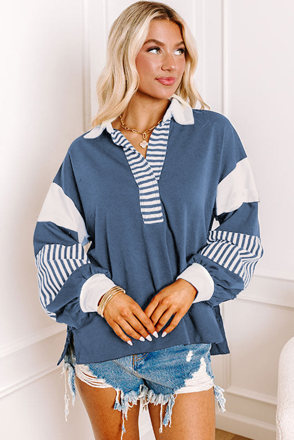 Black Striped Colorblock Patchwork Collar Sweatshirt