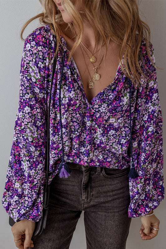 Purple Boho Flower Split V Neck Elzeon Bubble Sleeve Blouse