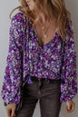 Purple Boho Flower Split V Neck Elzeon Bubble Sleeve Blouse