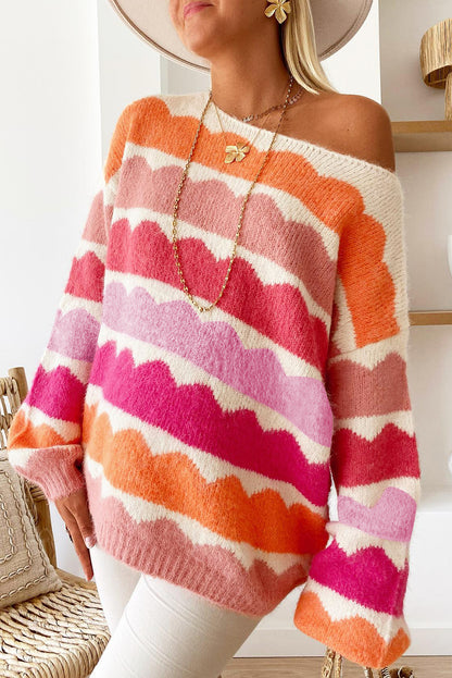 Yellow Wave Striped Balloon Sleeve Drop Shoulder Sweater