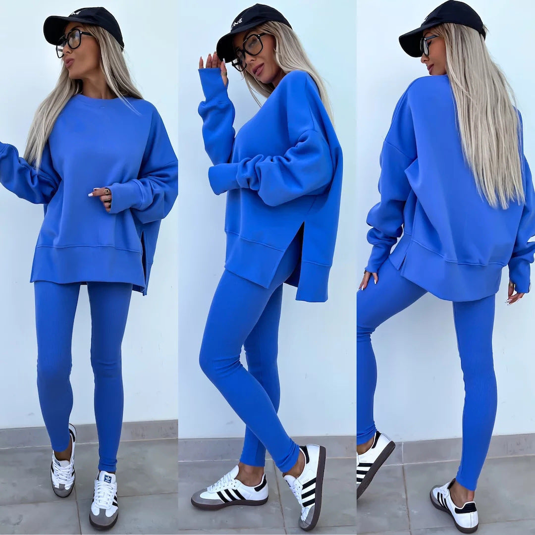 Sweater Suit Women's Elzeon Casual Loose Long Sleeve Crew Neck Split Top Tight Trousers