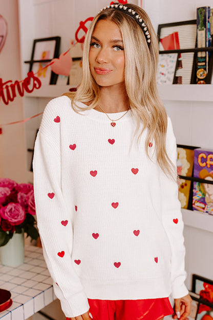 Rose Red Heart Shape Drop Shoulder Round Neck Elzeon Sweater