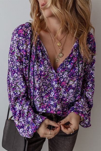 Purple Boho Flower Split V Neck Elzeon Bubble Sleeve Blouse