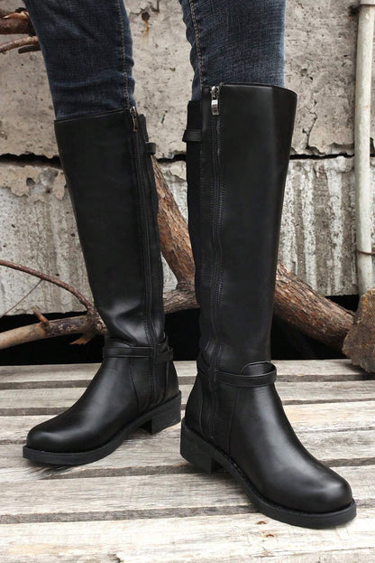 Black Side Zipper Knee High Chunky Low Heel Elzeon Boots