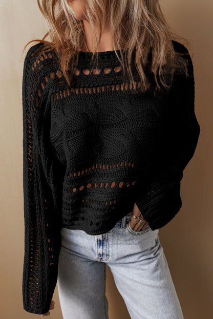 Smoke Gray Hollow-out Cable Knit Cropped Elzeon Sweater