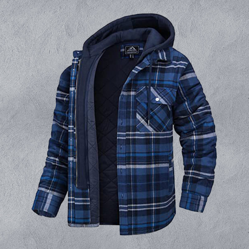 Men casual Thickened Padded Plaid Long Sleeve Loose Elzeon Hooded Jacket