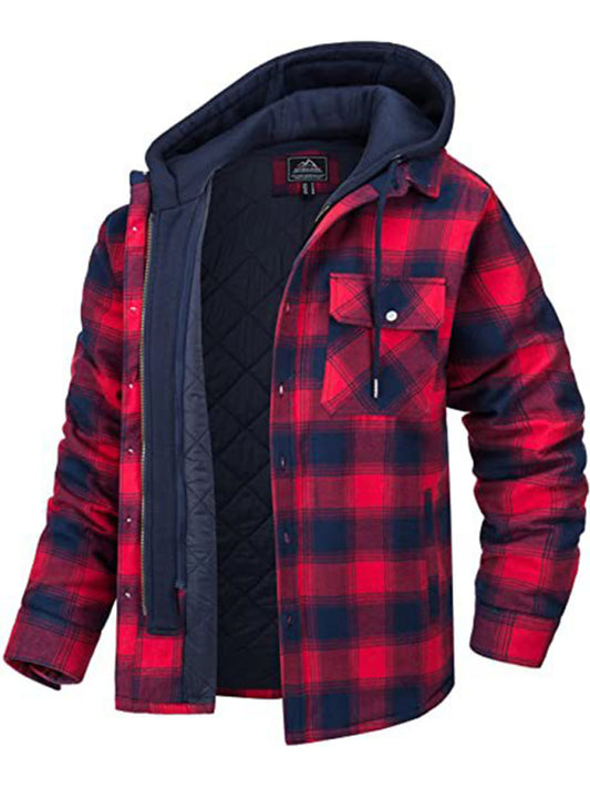 Men casual Thickened Padded Plaid Long Sleeve Loose Elzeon Hooded Jacket