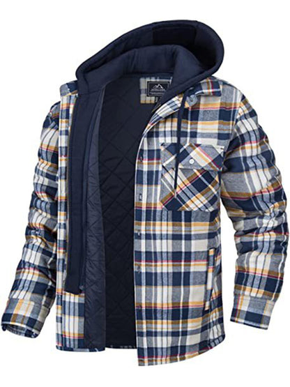 Men casual Thickened Padded Plaid Long Sleeve Loose Elzeon Hooded Jacket