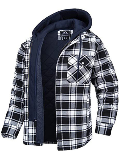 Men casual Thickened Padded Plaid Long Sleeve Loose Elzeon Hooded Jacket