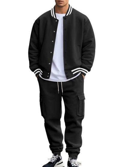 Men's loose sports suit with stand collar baseball jacket, trousers and fleece elzeon casual jacket