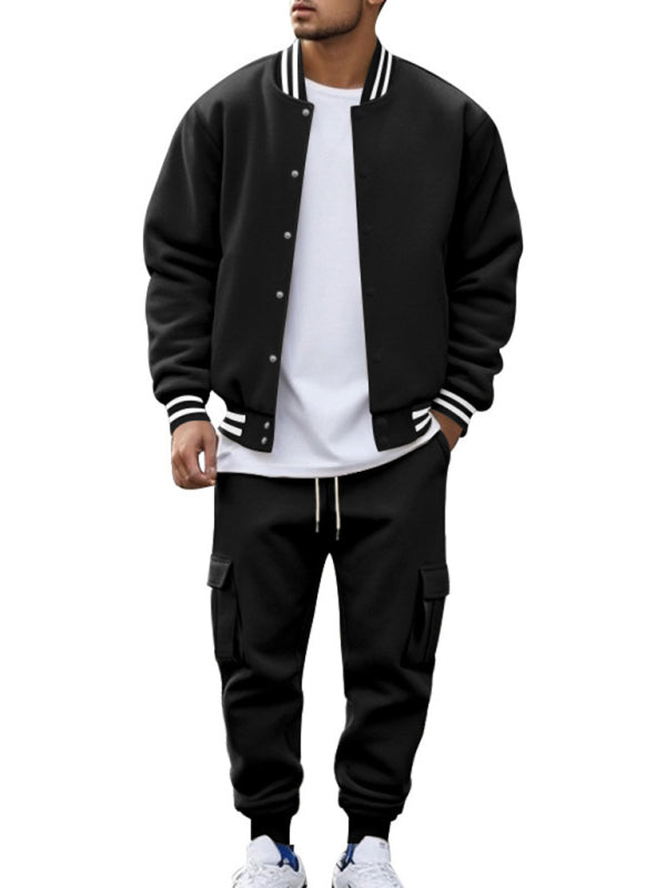 Men's loose sports suit with stand collar baseball jacket, trousers and fleece elzeon casual jacket