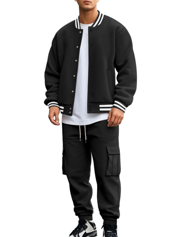 Men's loose sports suit with stand collar baseball jacket, trousers and fleece elzeon casual jacket