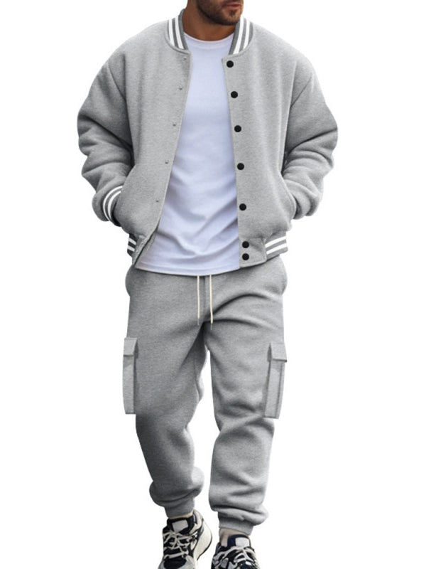 Men's loose sports suit with stand collar baseball jacket, trousers and fleece elzeon casual jacket