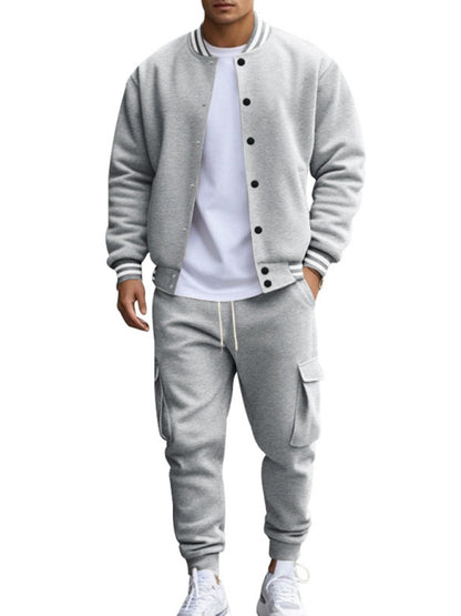 Men's loose sports suit with stand collar baseball jacket, trousers and fleece elzeon casual jacket