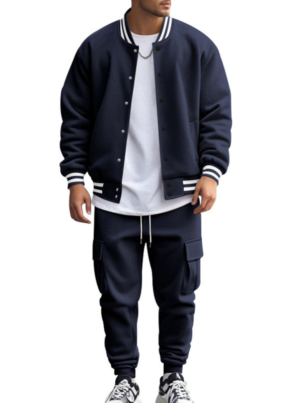 Men's loose sports suit with stand collar baseball jacket, trousers and fleece elzeon casual jacket