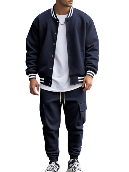 Men's loose sports suit with stand collar baseball jacket, trousers and fleece elzeon casual jacket