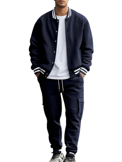 Men's loose sports suit with stand collar baseball jacket, trousers and fleece elzeon casual jacket