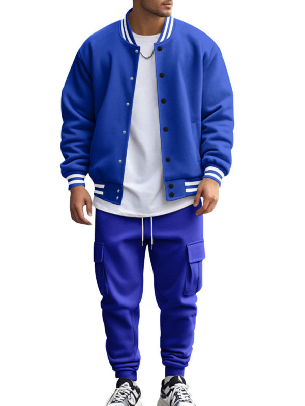 Men's loose sports suit with stand collar baseball jacket, trousers and fleece elzeon casual jacket