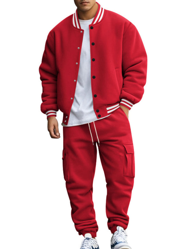 Men's loose sports suit with stand collar baseball jacket, trousers and fleece elzeon casual jacket