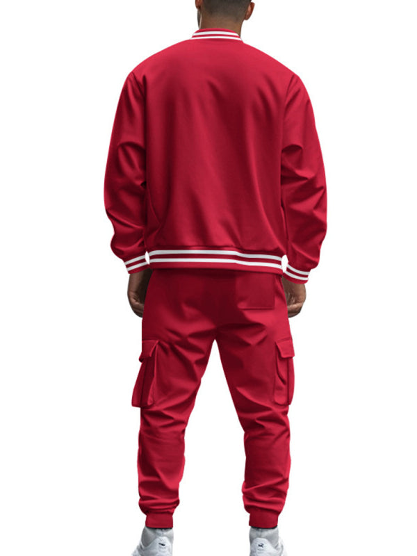 Men's loose sports suit with stand collar baseball jacket, trousers and fleece elzeon casual jacket