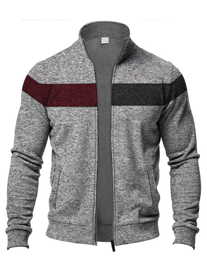 Men's Heavy Velvet Stand Collar Zipper Jacket Cationic Stitching Contrast Color Casual Long Sleeve Sweatshirt